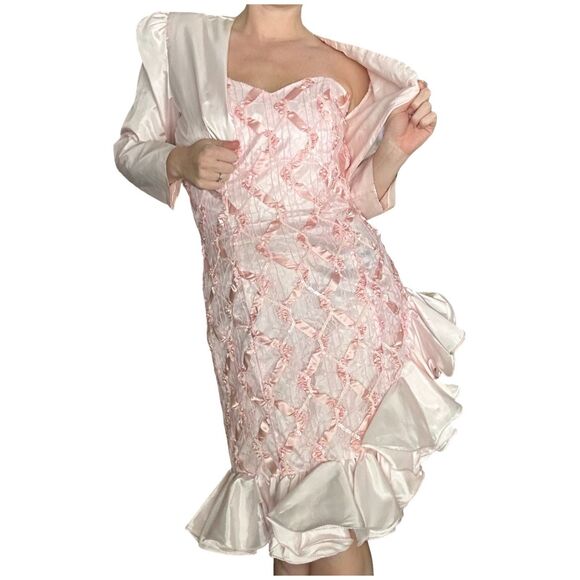 VTG 80s Blush Pink Lace and Satin Strapless Ruffle Dress with Bolero, 13/14 Jr. - Picture 9 of 11